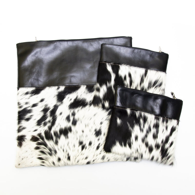Glossy Black Leather/Exotic White Fur with Black Spots - D52