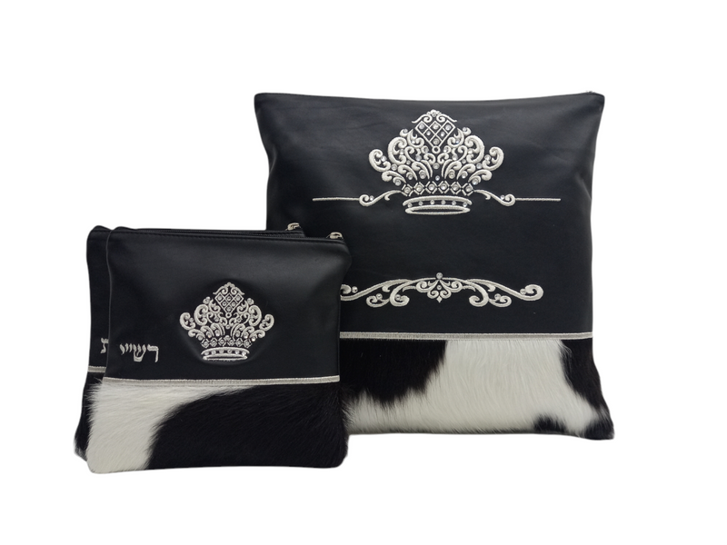 Smooth Black/Black and White Fur with Silver Embroidery - F64